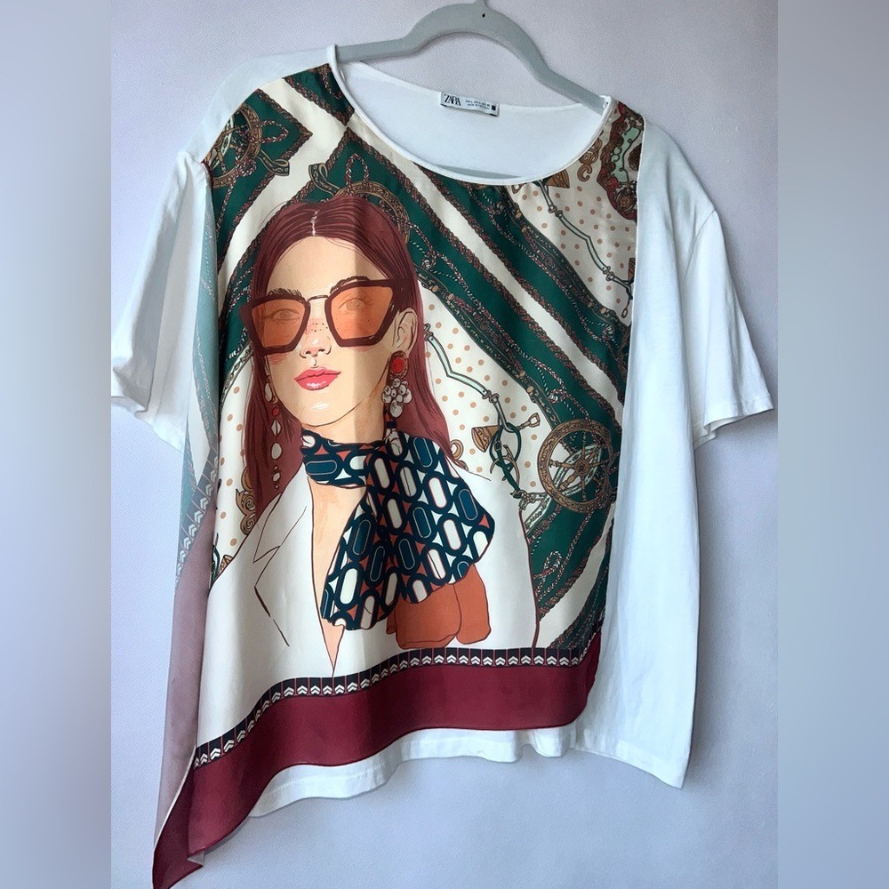 Zara‎ Original White Short Sleeve Scarf-Print Tee Large - Picture 4 of 9